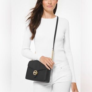 Michael Kors Vanna Medium Black Pebbled Leather Crossbody Bag Gold Chain